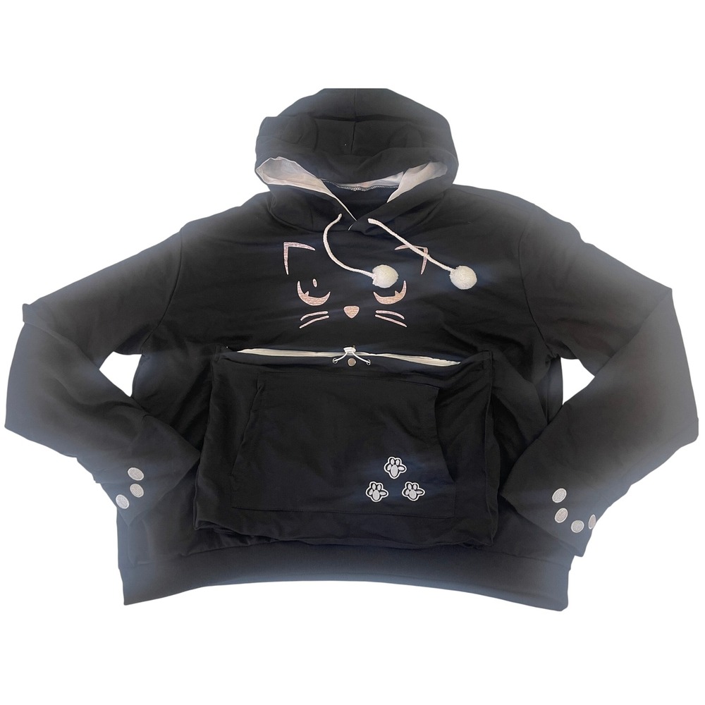 Black Cat Ear Hoodie Pet Carrier Pouch Sweatshirt Embroidered Paw Prints Poms 3X